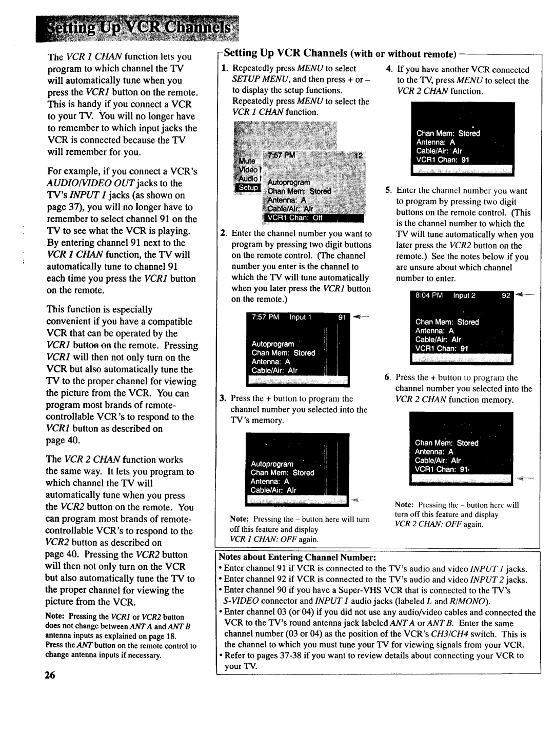 RCA NCJ11 owner manual SettingUp VCR Channels with or without remote, VCR 2 Chan function 