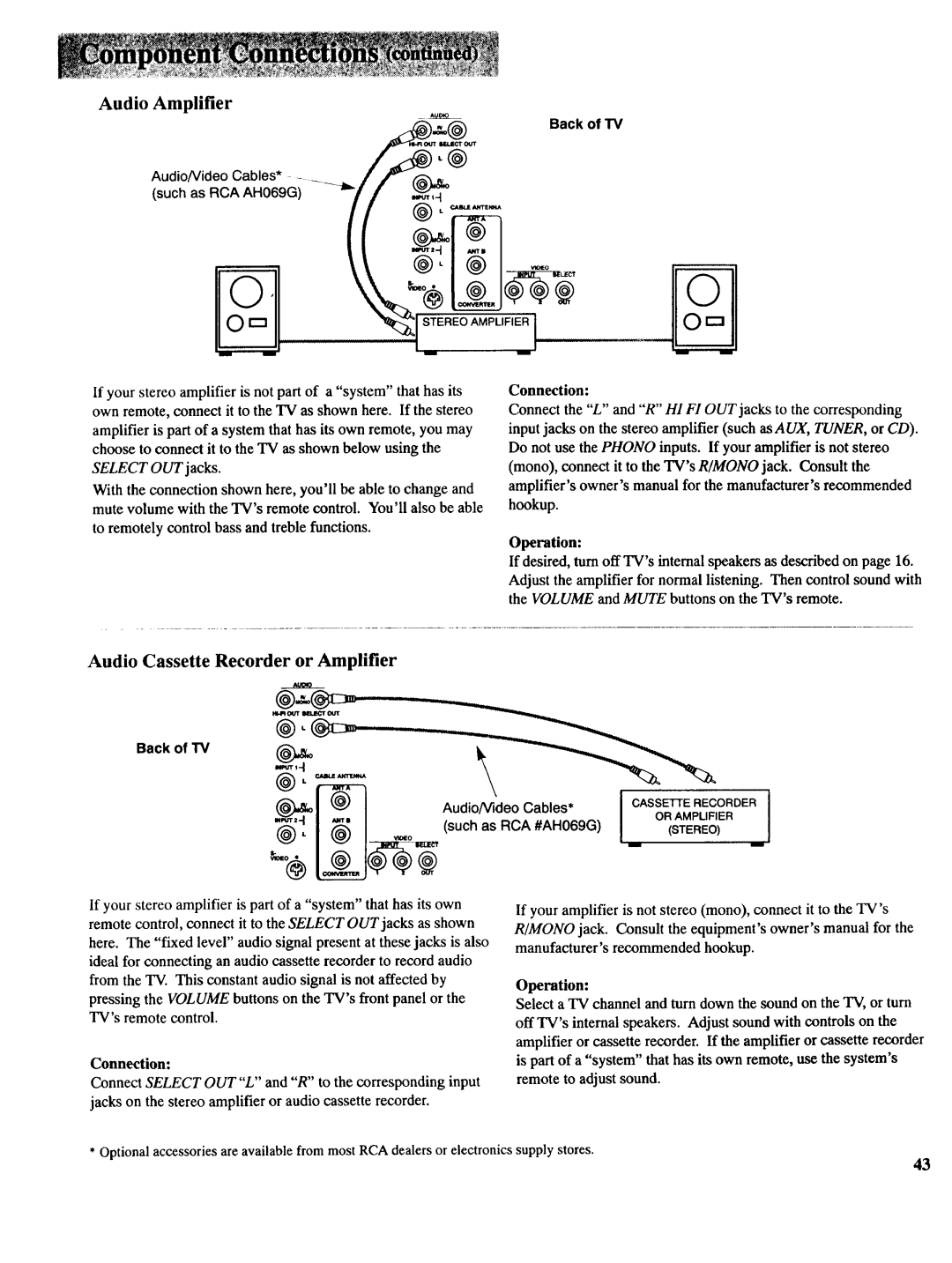 RCA NCJ11 owner manual Audio Amplifier, Audio Cassette Recorder or Amplifier, Select OUT jacks, Connection 