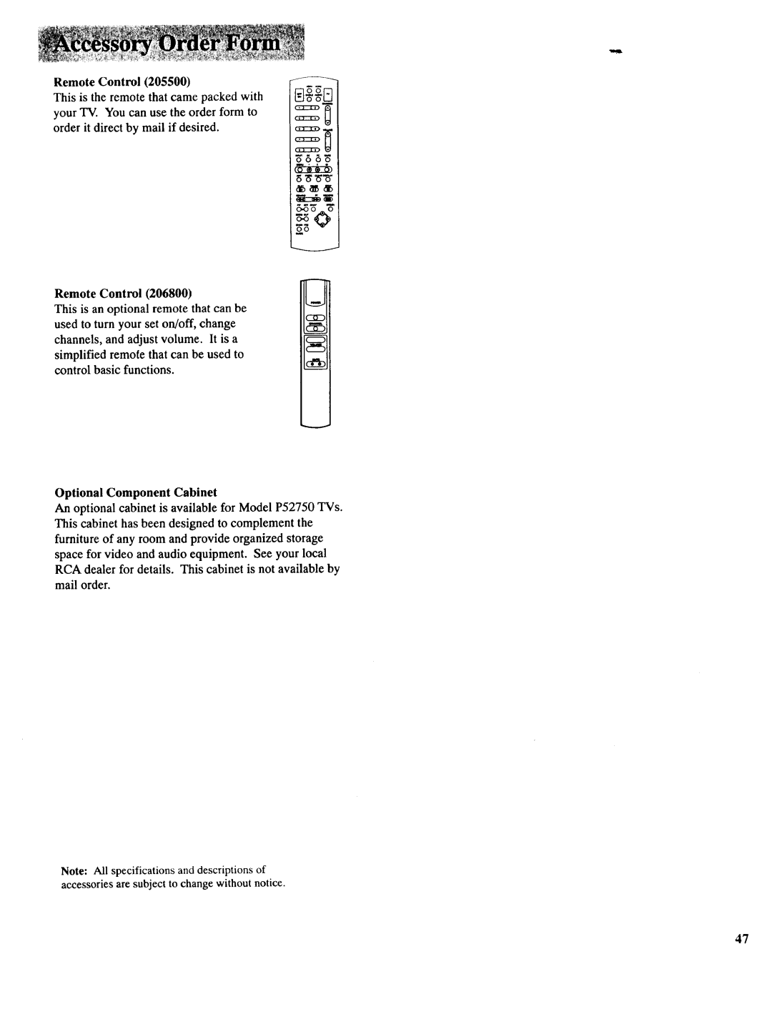 RCA NCJ11 owner manual RemoteControl205500, Remote Control, Optional Component Cabinet 