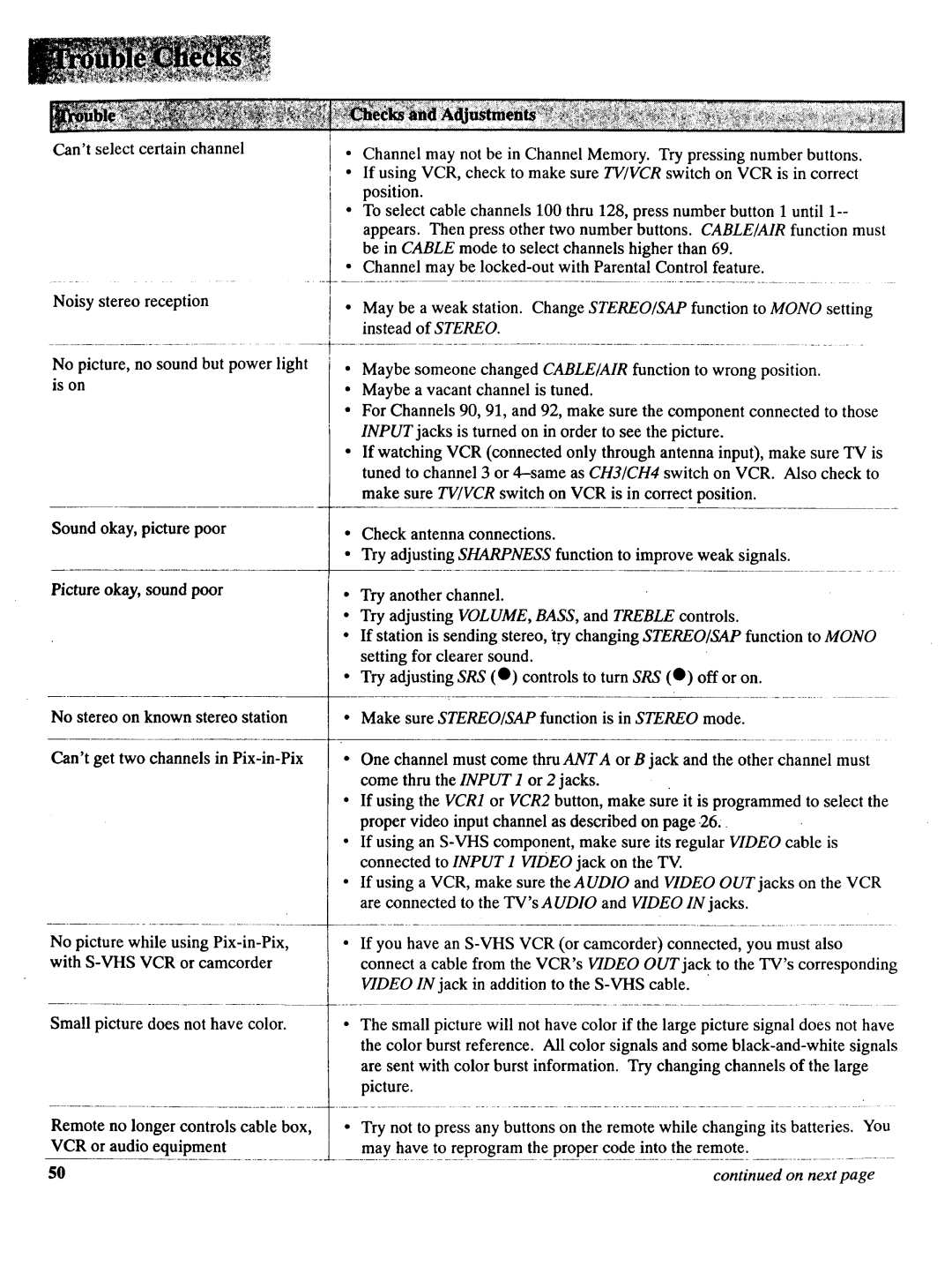 RCA NCJ11 owner manual Position, Channel may be locked-out with Parental Control feature, Picture okay, sound poor 