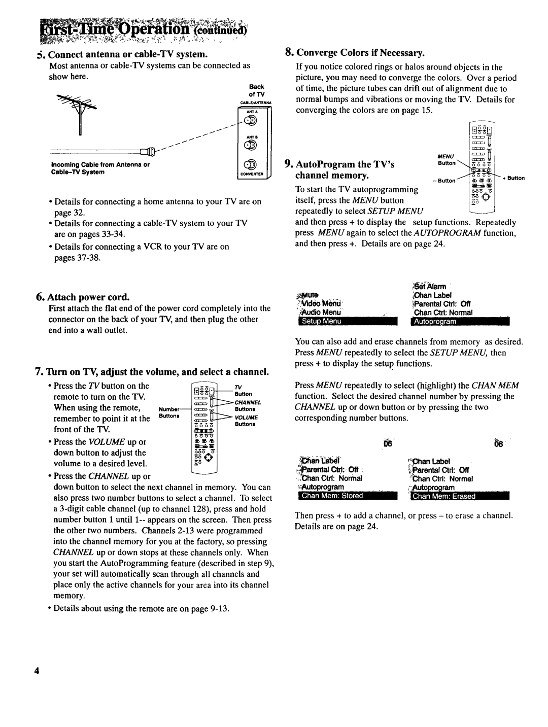 RCA NCJ11 Connect antenna or cable-TV system, Attach power cord, AutoProgram the TVs, Channel memory, Ctrl. Off An Label 