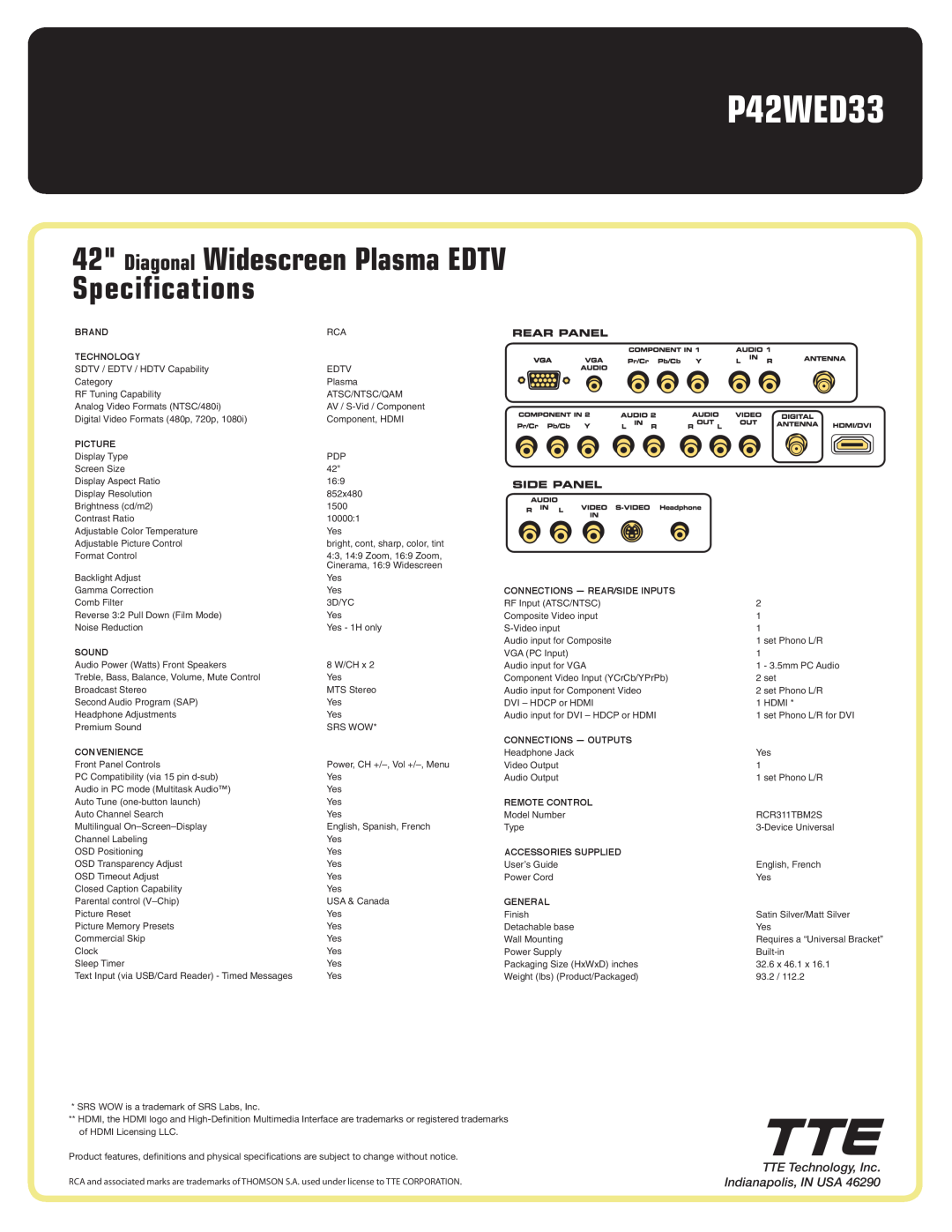 RCA P42WED33 manual Diagonal Widescreen Plasma EDTV Specifications, TTE Technology, Inc. Indianapolis, IN USA 