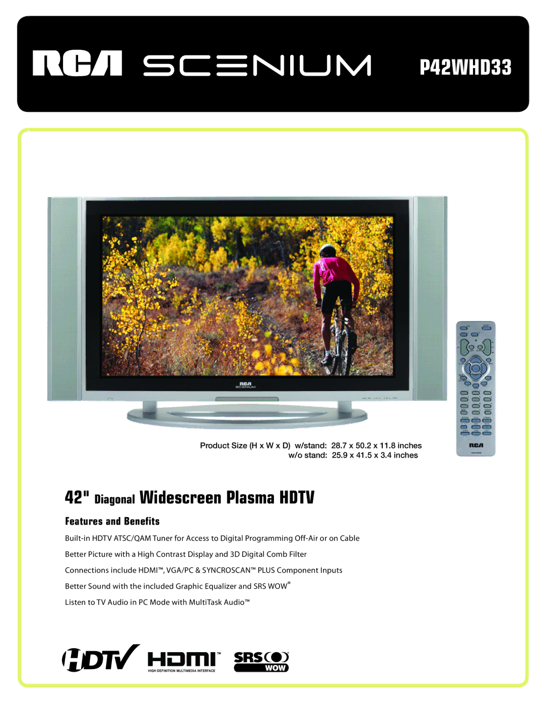 RCA P42WHD33 manual Diagonal Widescreen Plasma Hdtv 