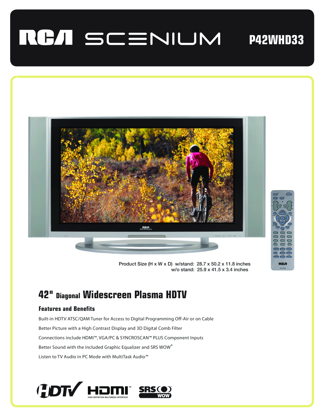 RCA P42WHD33 manual Diagonal Widescreen Plasma HDTV, Features and Benefits 