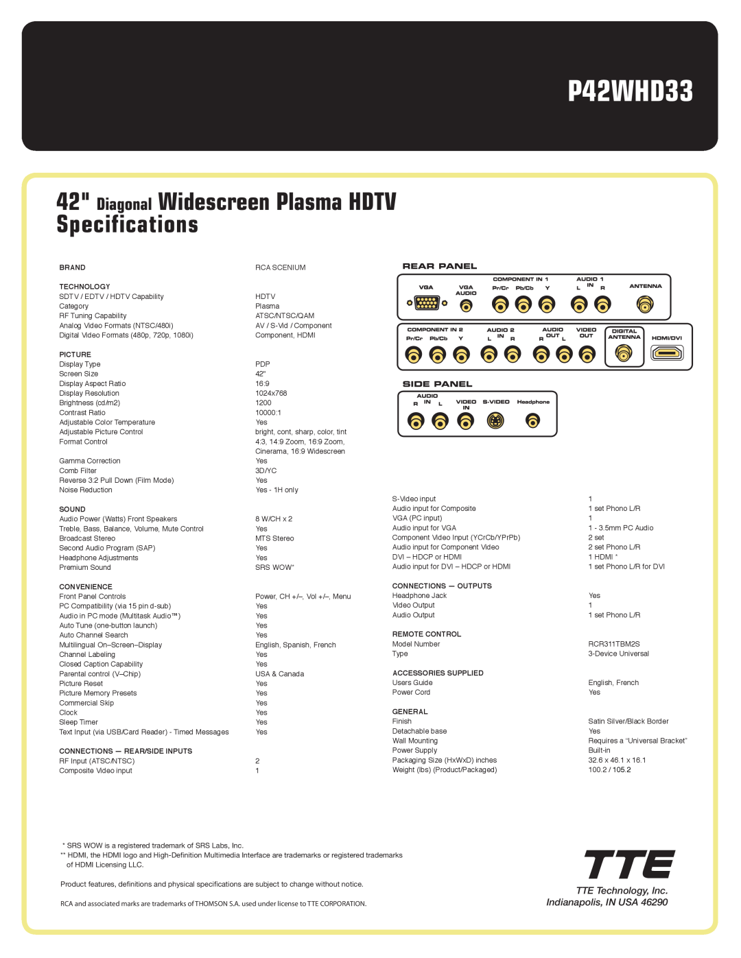 RCA P42WHD33 manual Diagonal Widescreen Plasma HDTV Specifications, TTE Technology, Inc. Indianapolis, IN USA 