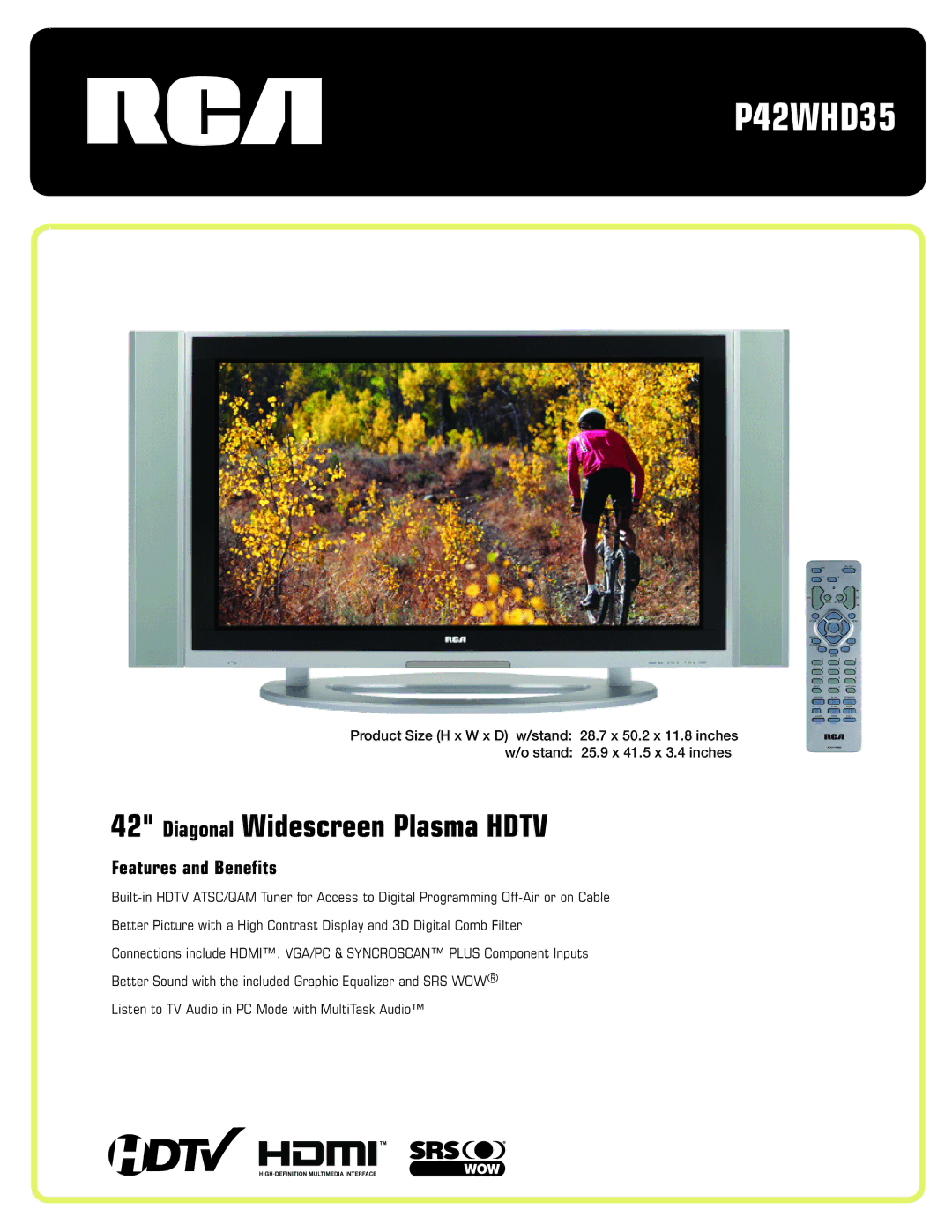 RCA P42WHD35 manual Diagonal Widescreen Plasma Hdtv 