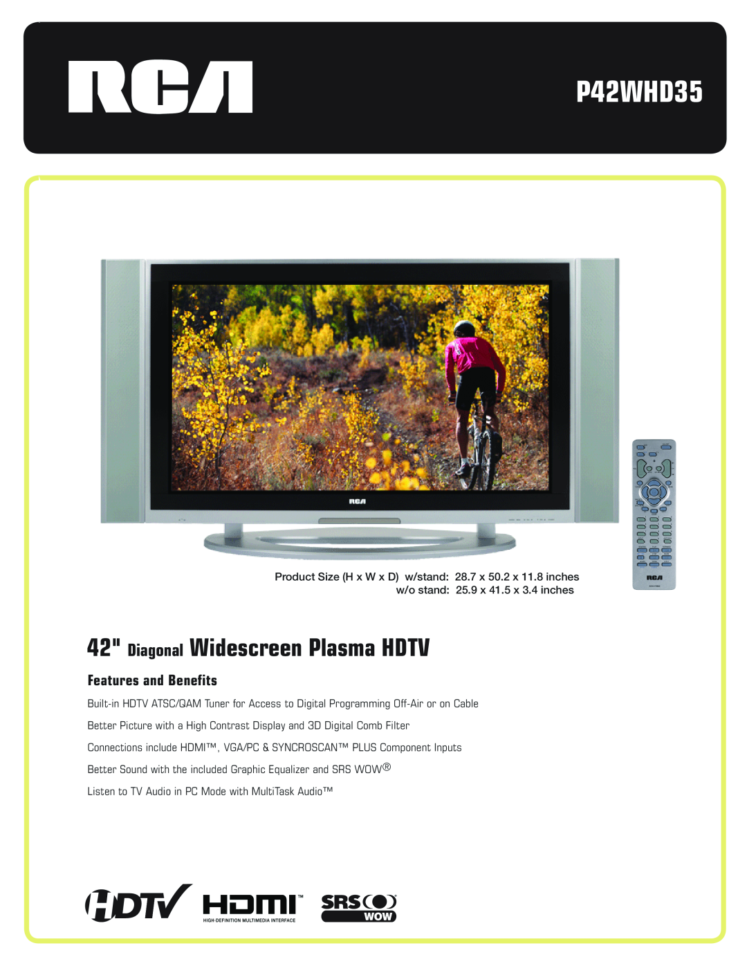 RCA P42WHD35 manual Diagonal Widescreen Plasma HDTV, Features and Benefits 