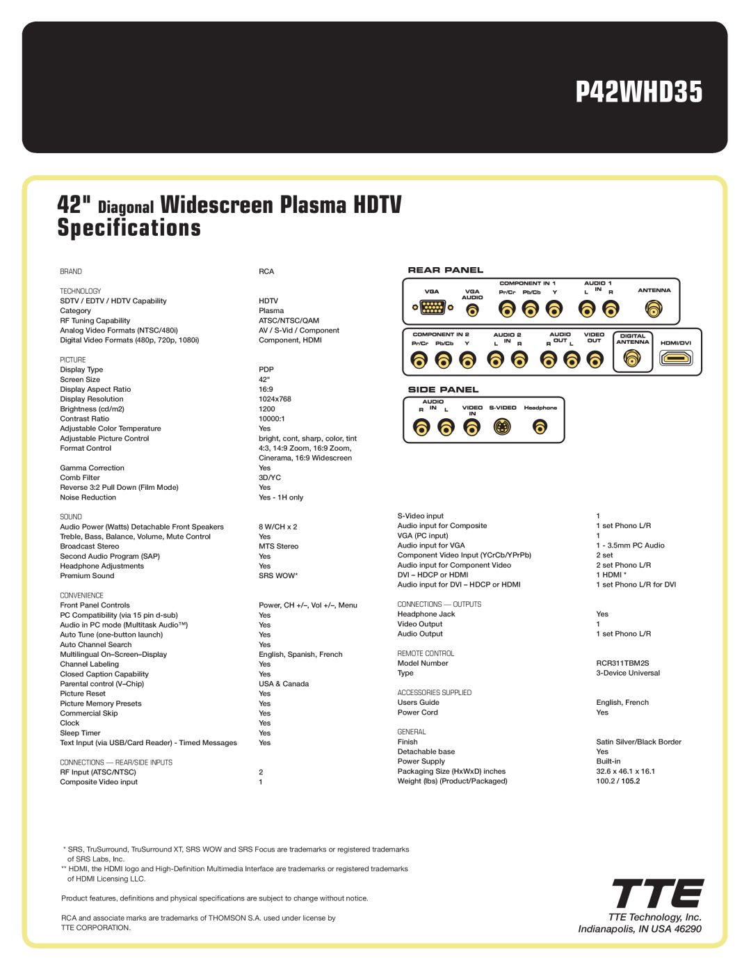 RCA P42WHD35 manual Diagonal Widescreen Plasma HDTV Specifications, TTE Technology, Inc. Indianapolis, IN USA 