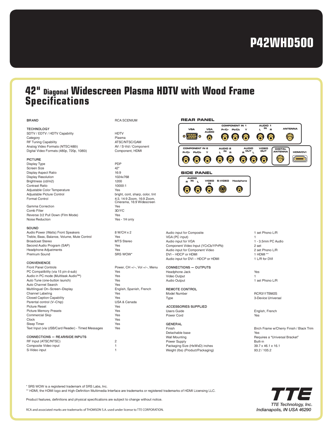 RCA P42WHD500 Brand, Technology, Picture, Sound, Convenience, Connections REAR/SIDE Inputs, Connections Outputs, General 