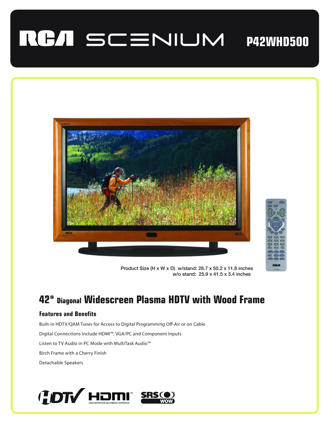 RCA P42WHD500 manual Diagonal Widescreen Plasma HDTV with Wood Frame, Features and Benefits 