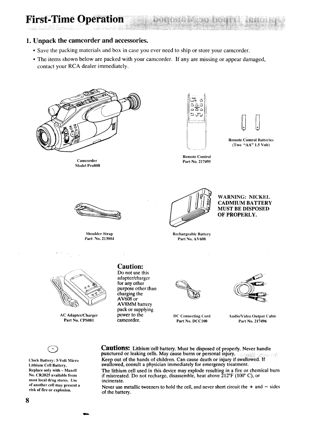 RCA P46730, P46729, P46728 owner manual Unpack the camcorder and accessories, Power to 