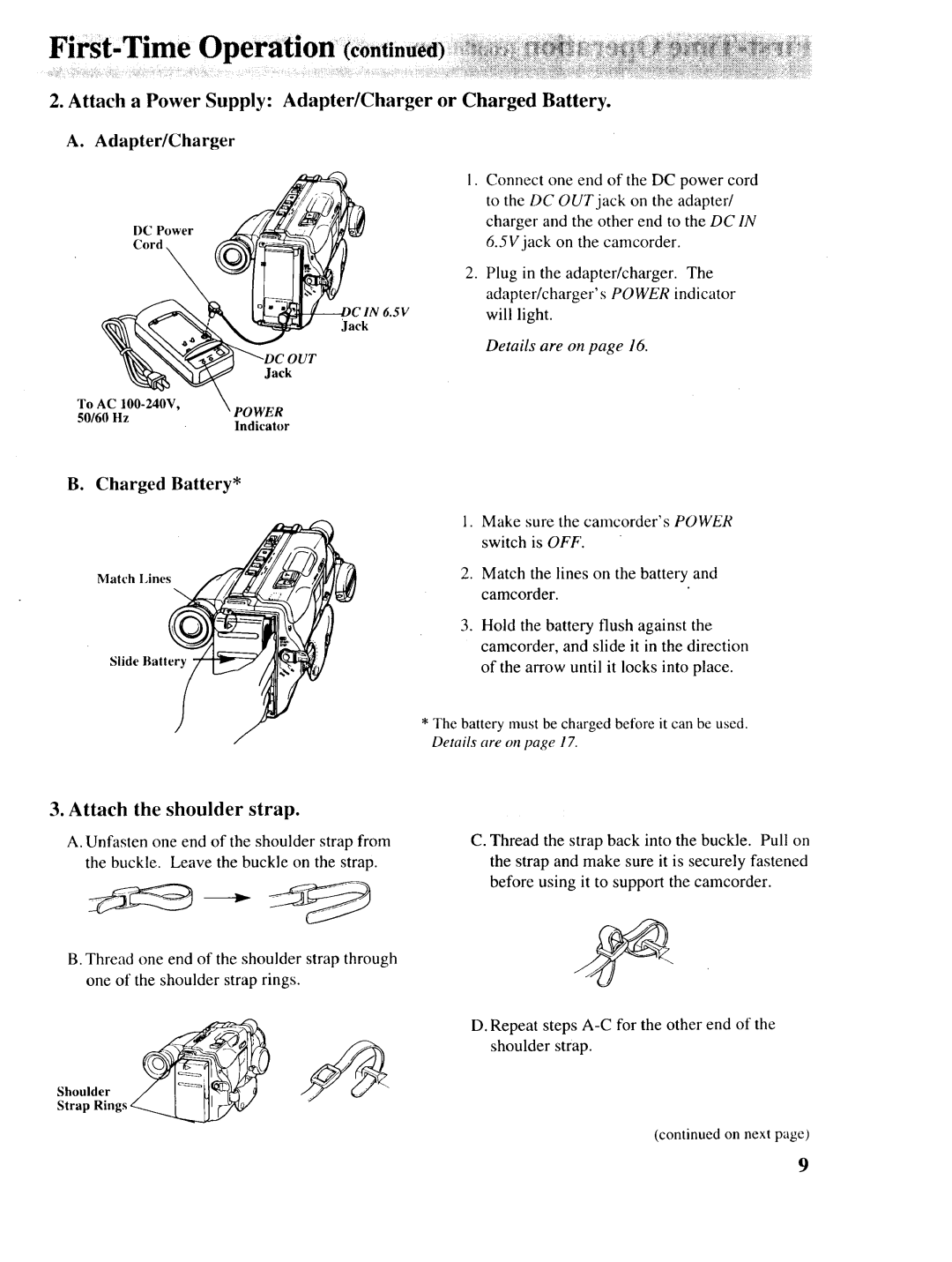 RCA P46728, P46729 Attach a Power Supply Adapter/Charger or Charged Battery, Attach the shoulder strap, Unfasten one end 