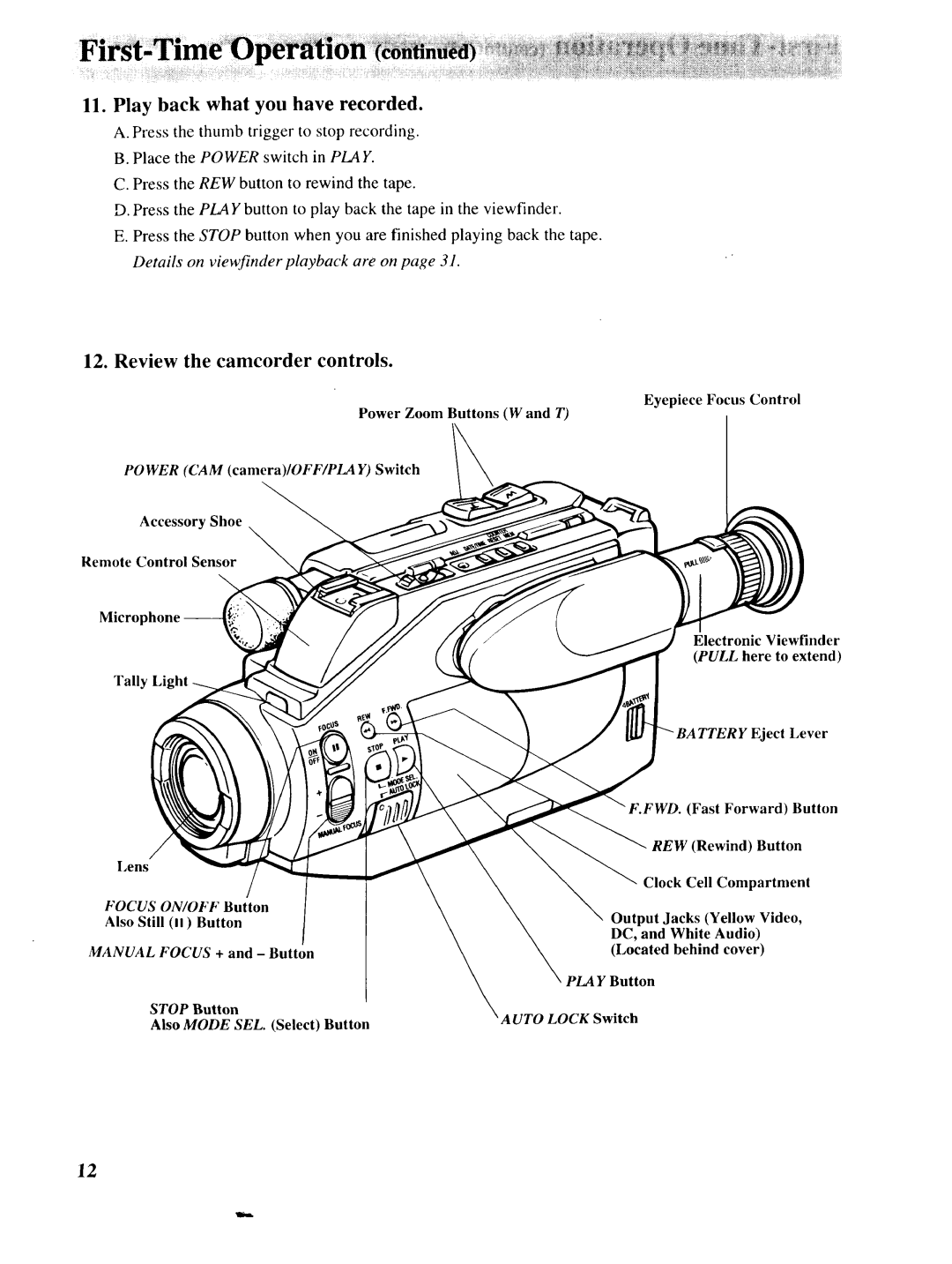 RCA P46728 Play back what you have recorded, Review the camcorder controls, Focus ON/OFF Button, Manual Focus + and Button 