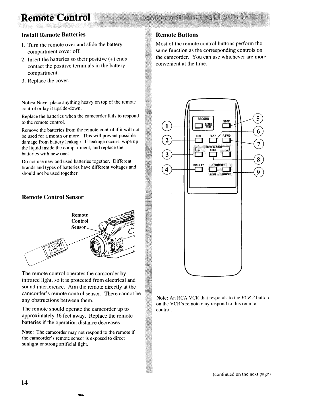 RCA P46730, P46729, P46728 owner manual Install Remote Batteries, Remote Buttons, Remote Control Sensor 