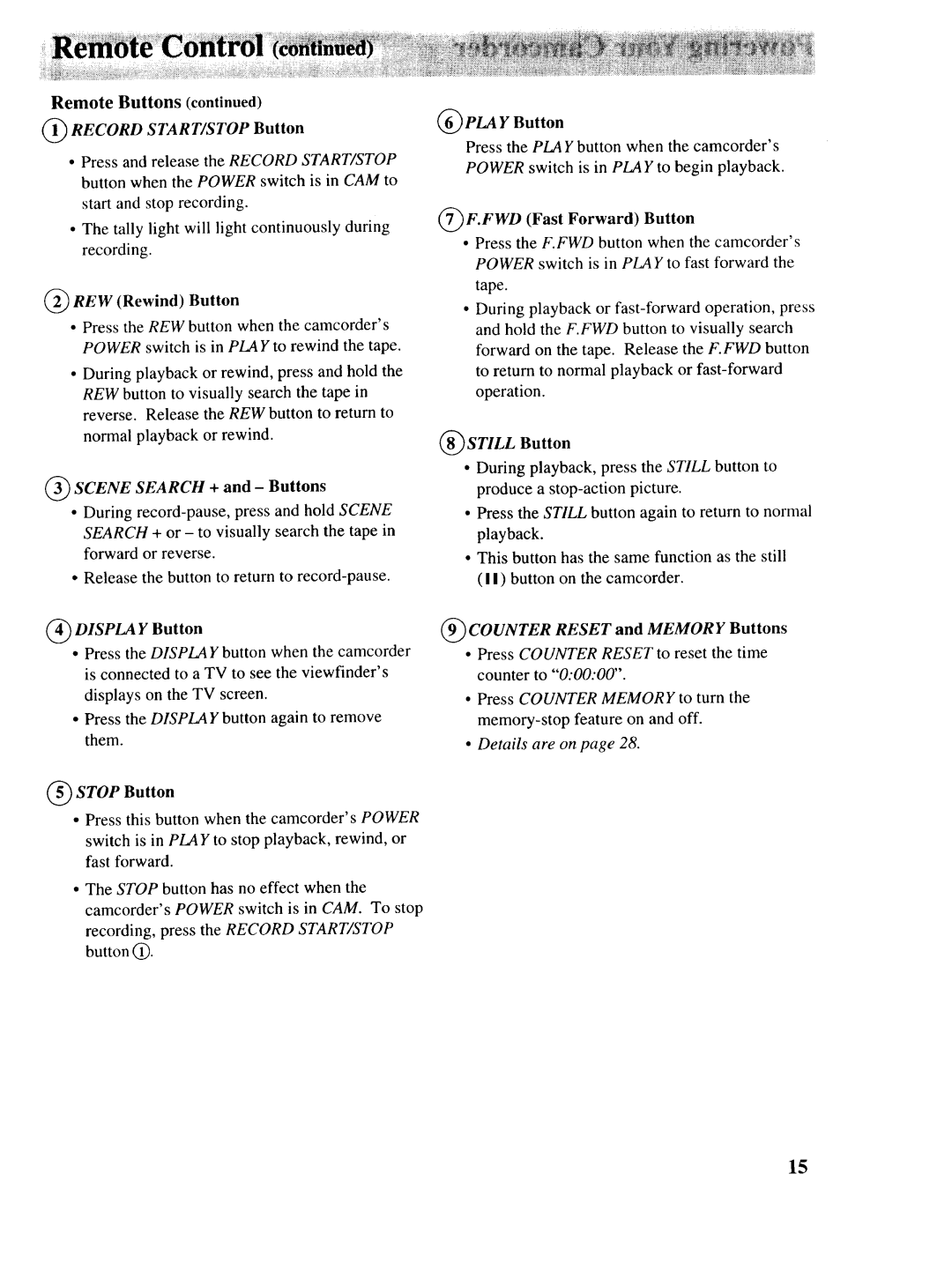 RCA P46728, P46729, P46730 owner manual Record START/STOP Button, Scene Search + and Buttons, Displa Y Button 