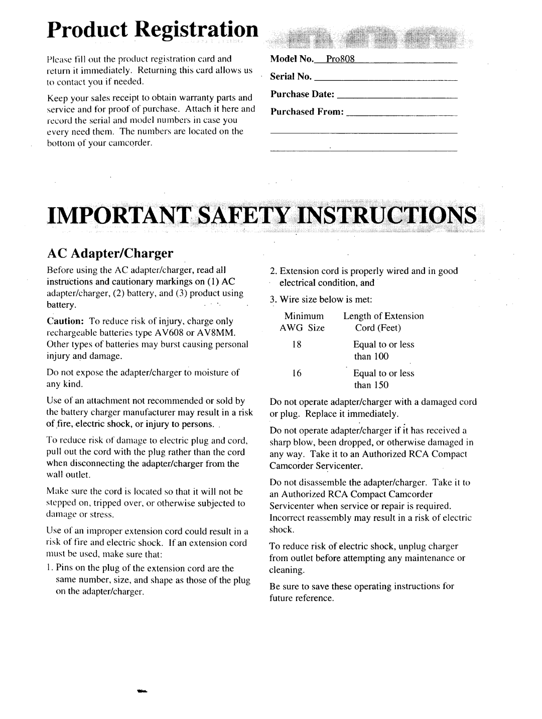 RCA P46728, P46729, P46730 owner manual Product Registration, Serial No Purchase Date Purchased From 