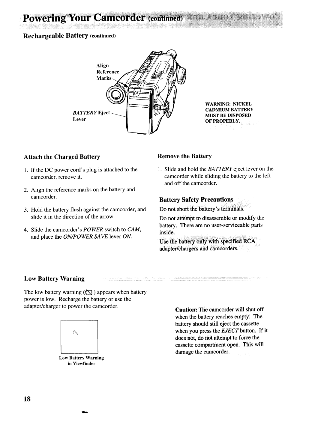 RCA P46728, P46729, P46730 owner manual Attach the Charged Battery, Low Battery Warning, Remove the Battery, Battery Eject 