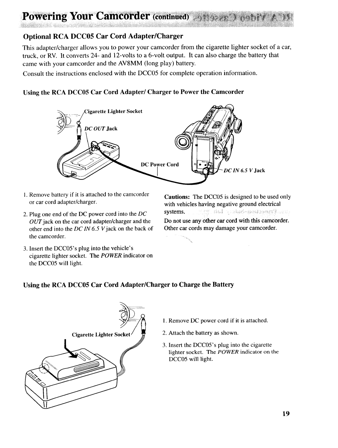 RCA P46729, P46730, P46728 owner manual Optional RCA DCC05 Car Cord Adapter/Charger, Lighter Socket, V Jack 