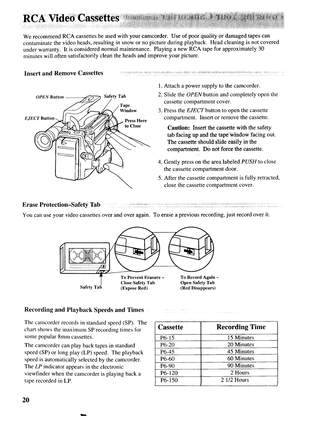 RCA P46730, P46729, P46728 Cassette Recording Time, Insert and Remove Cassettes, Erase Protection-Safety Tab, Record Over 