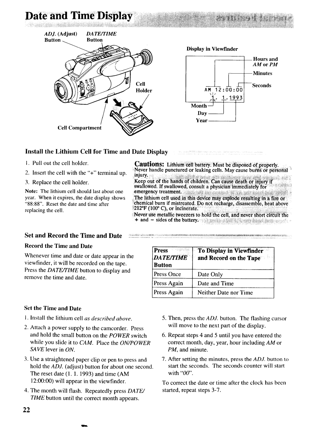 RCA P46729 Install the Lithium Cell for Time and Date Display, Set and Record the Time and Date, ADJ. Adjust DA TE/TIME 