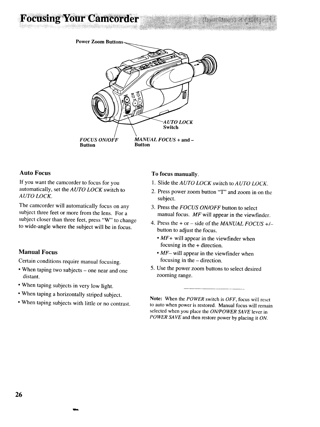 RCA P46730, P46729, P46728 owner manual Auto Focus, UTO Lock, Focus ON/OFF, Manual Focus + 