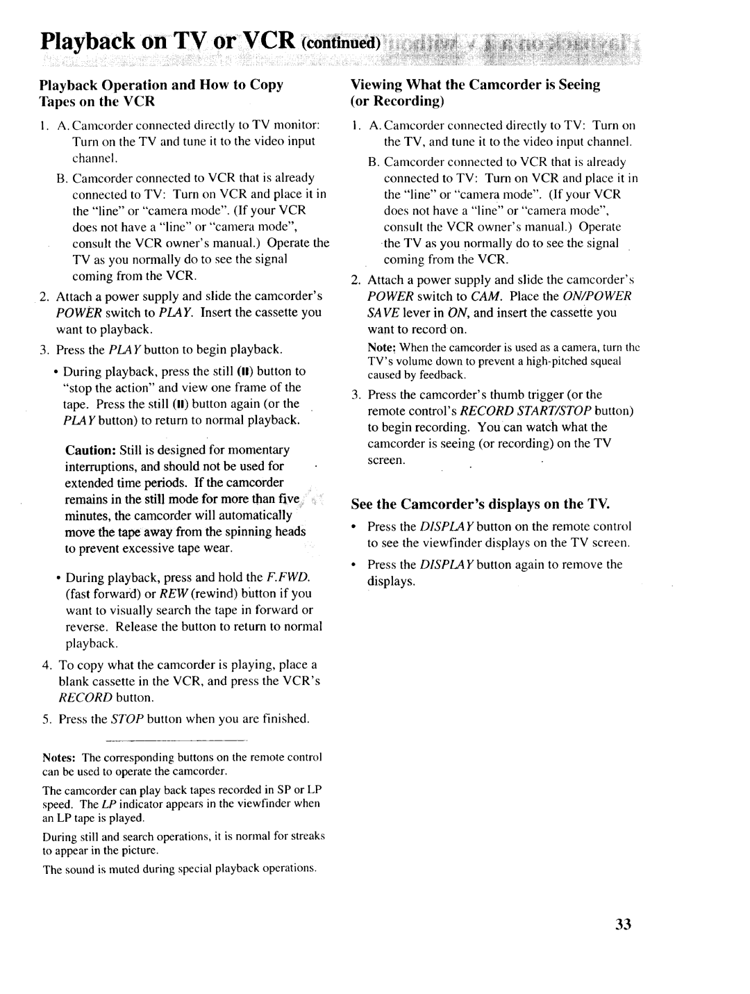 RCA P46728, P46729 Playback Operation and How to Copy Tapes on the VCR, Viewing What the Camcorder is Seeing, Or Recording 