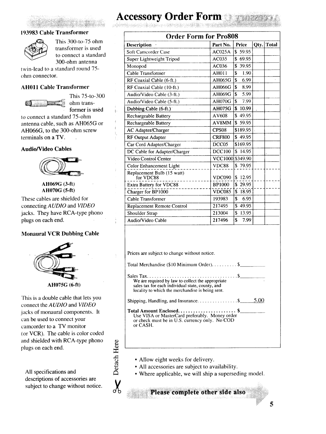 RCA P46730, P46729, P46728 owner manual Order Form For Pro808, Cable Transformer, Monaural VCR Dubbing Cable AH075G 6-ft 