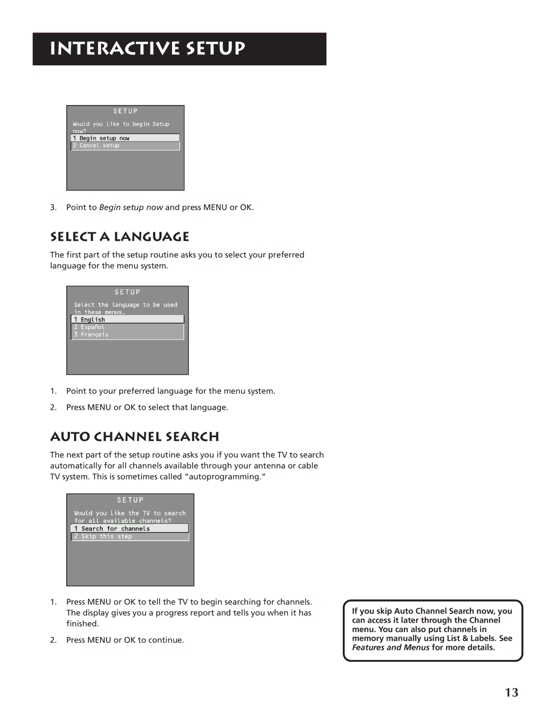 RCA P46920BL manual Select a Language, Auto Channel Search 