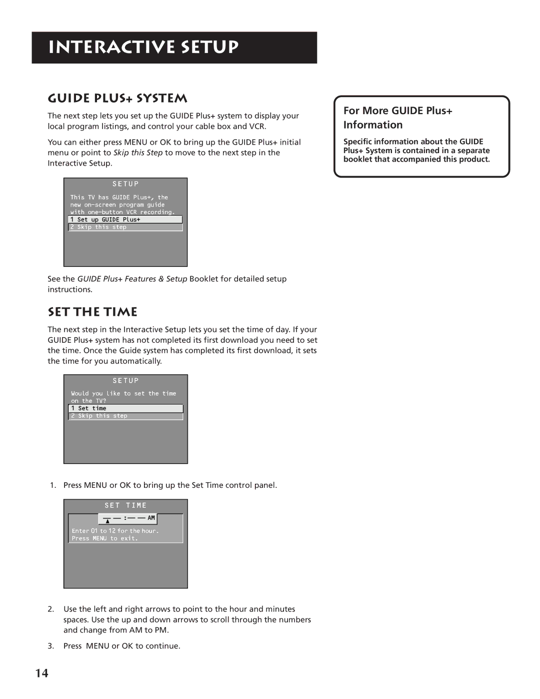 RCA P46920BL manual Guide Plus+ System, Set the Time, For More Guide Plus+ Information 