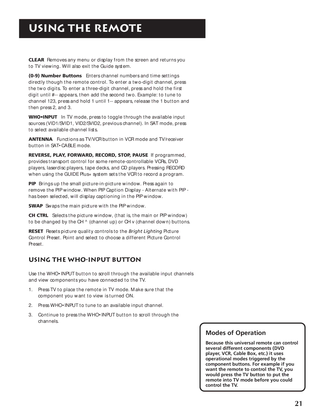 RCA P46920BL manual Using the Whoinput button 