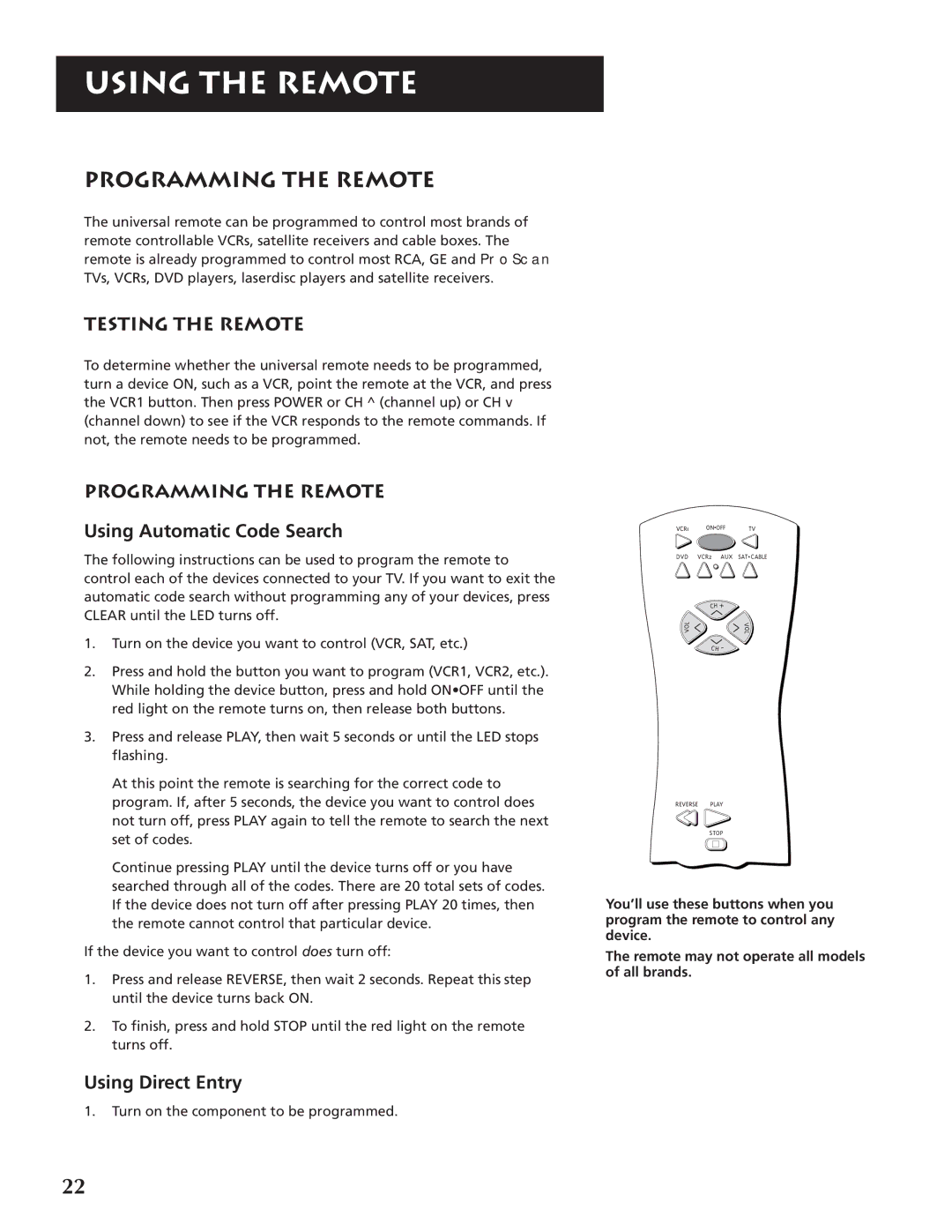 RCA P46920BL manual Programming the Remote, Testing the remote, Programming the remote Using Automatic Code Search 