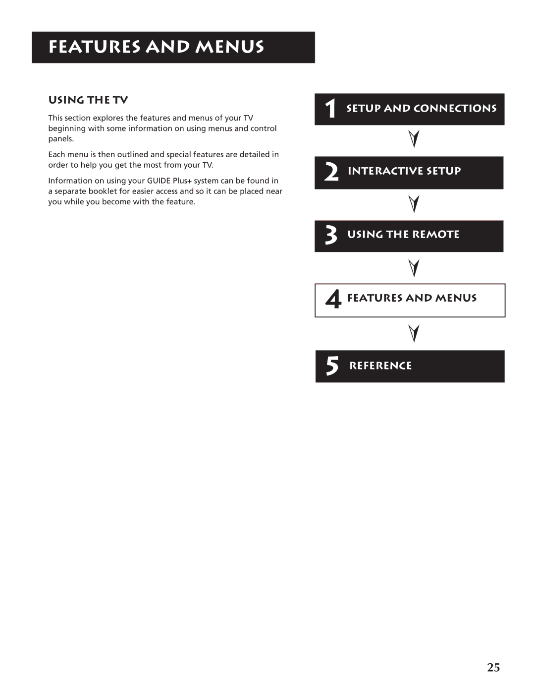 RCA P46920BL manual Features and menus, Using the TV, Features and Menus 