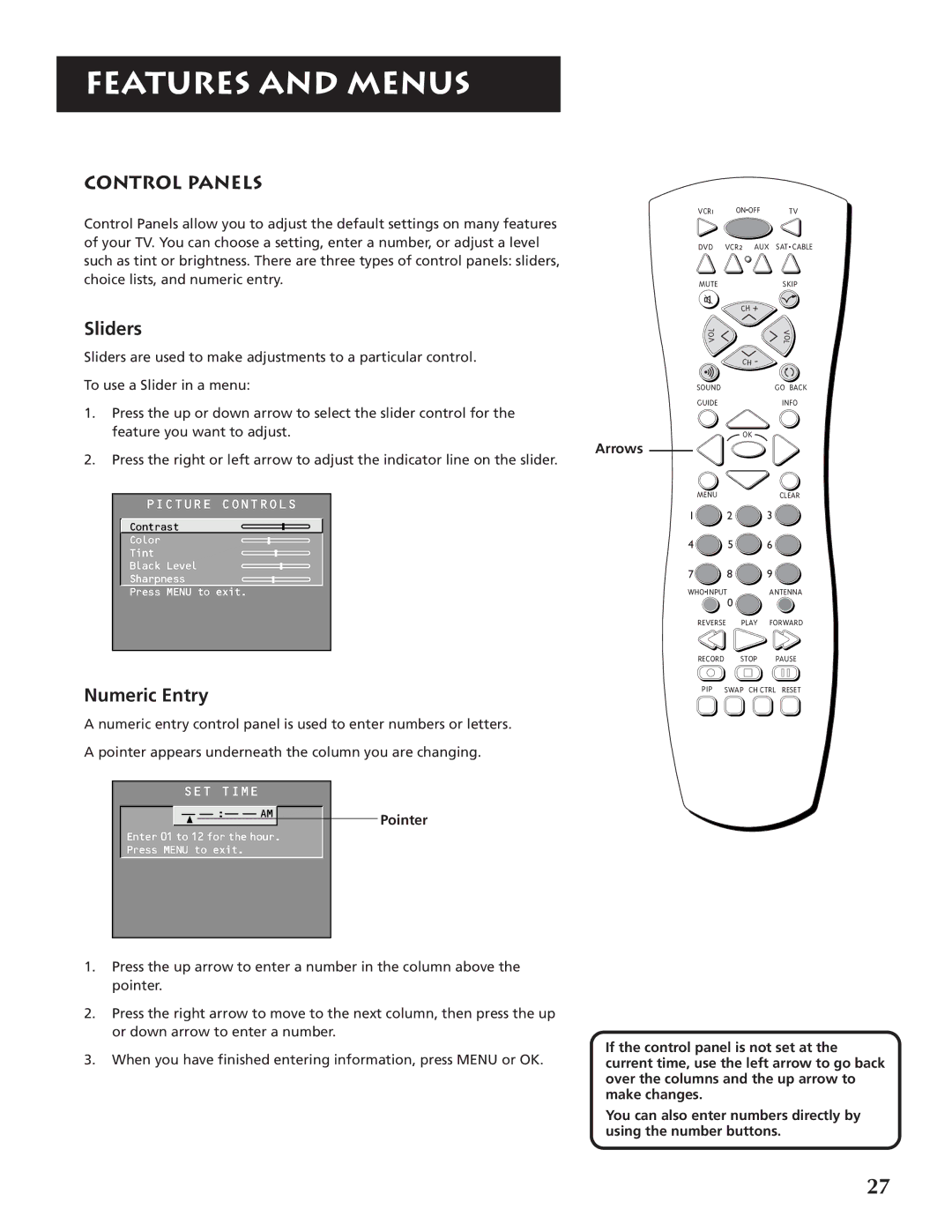 RCA P46920BL manual Control Panels, Sliders, Numeric Entry, Pointer, Arrows 