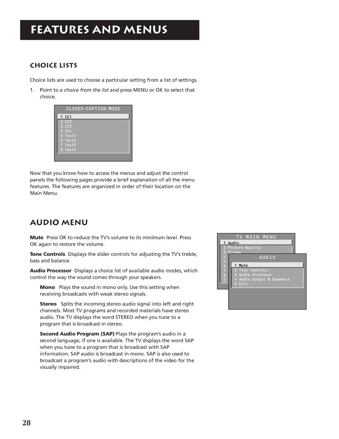 RCA P46920BL manual Audio Menu, Choice Lists 