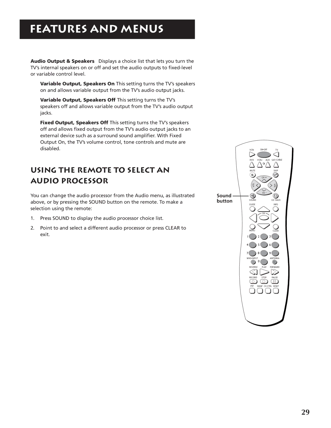 RCA P46920BL manual Using the remote to select an Audio processor, Sound button 