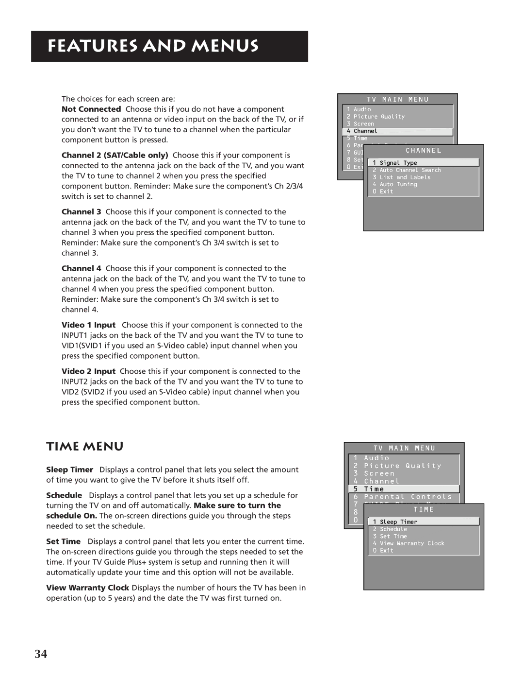 RCA P46920BL manual Time Menu 