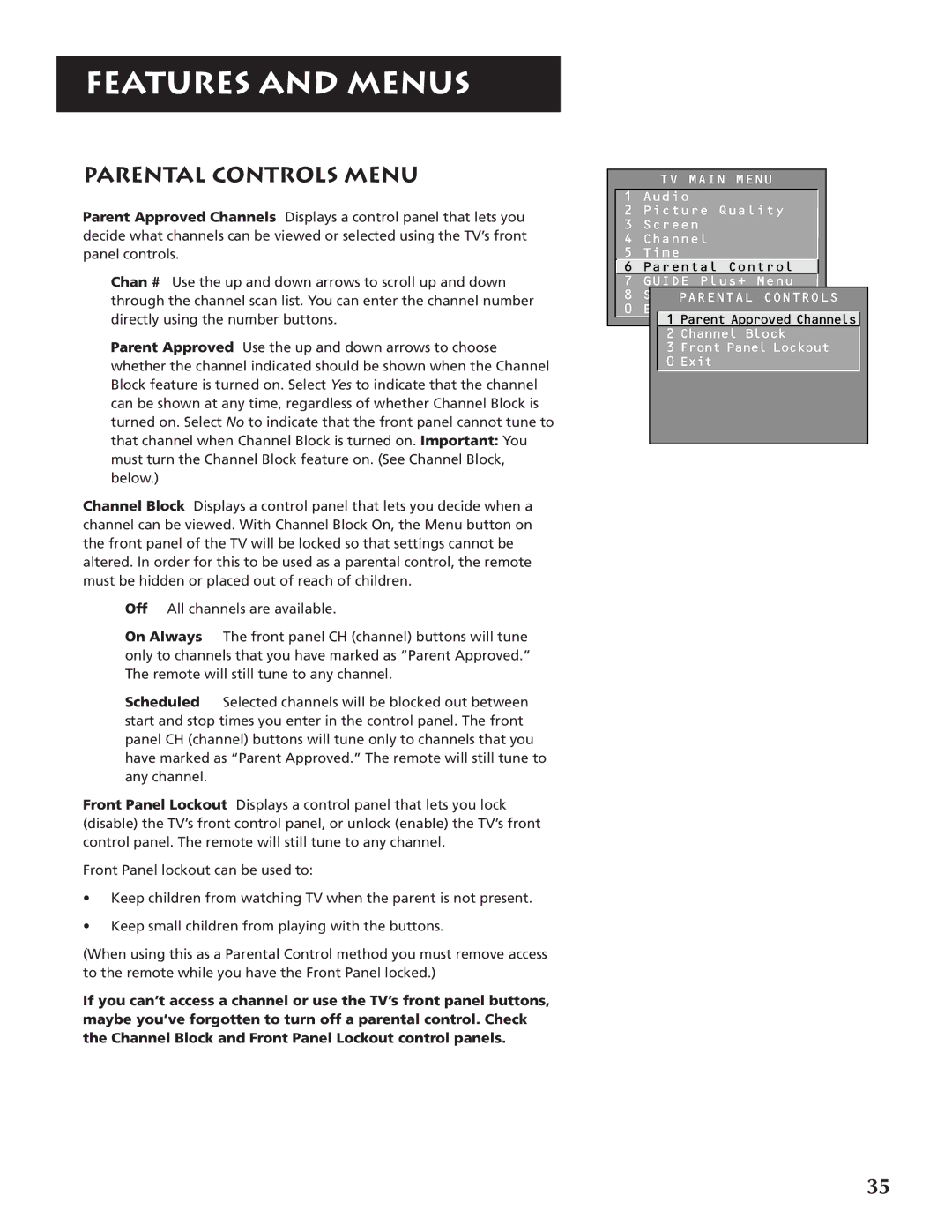 RCA P46920BL manual Parental Controls Menu 