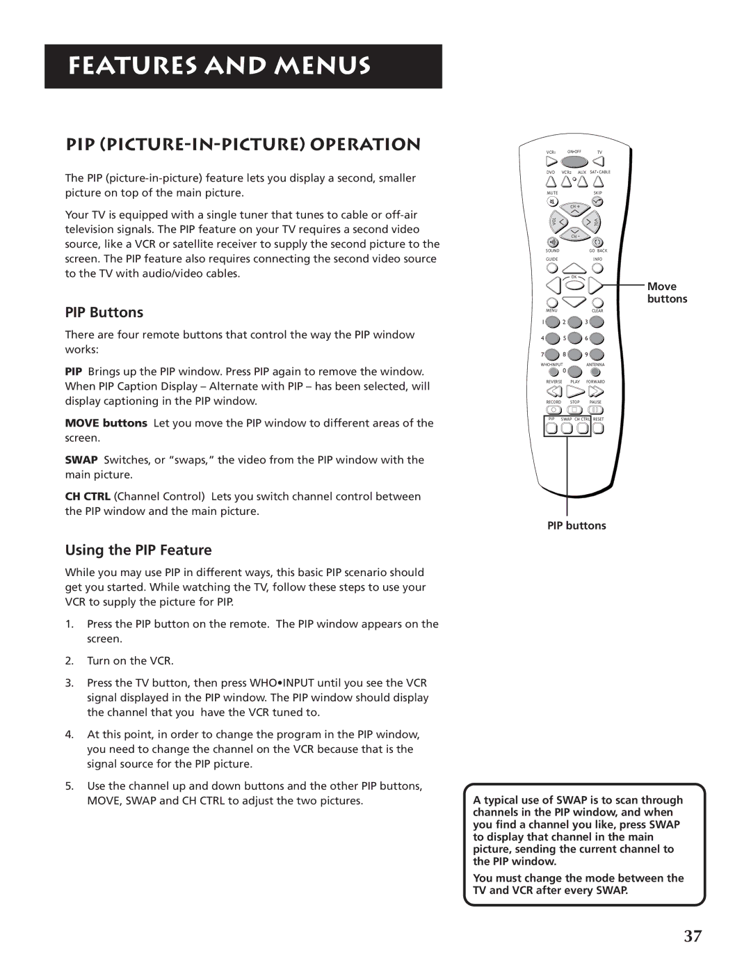 RCA P46920BL manual PIP Picture-in-Picture Operation, PIP Buttons, Using the PIP Feature, Move buttons 