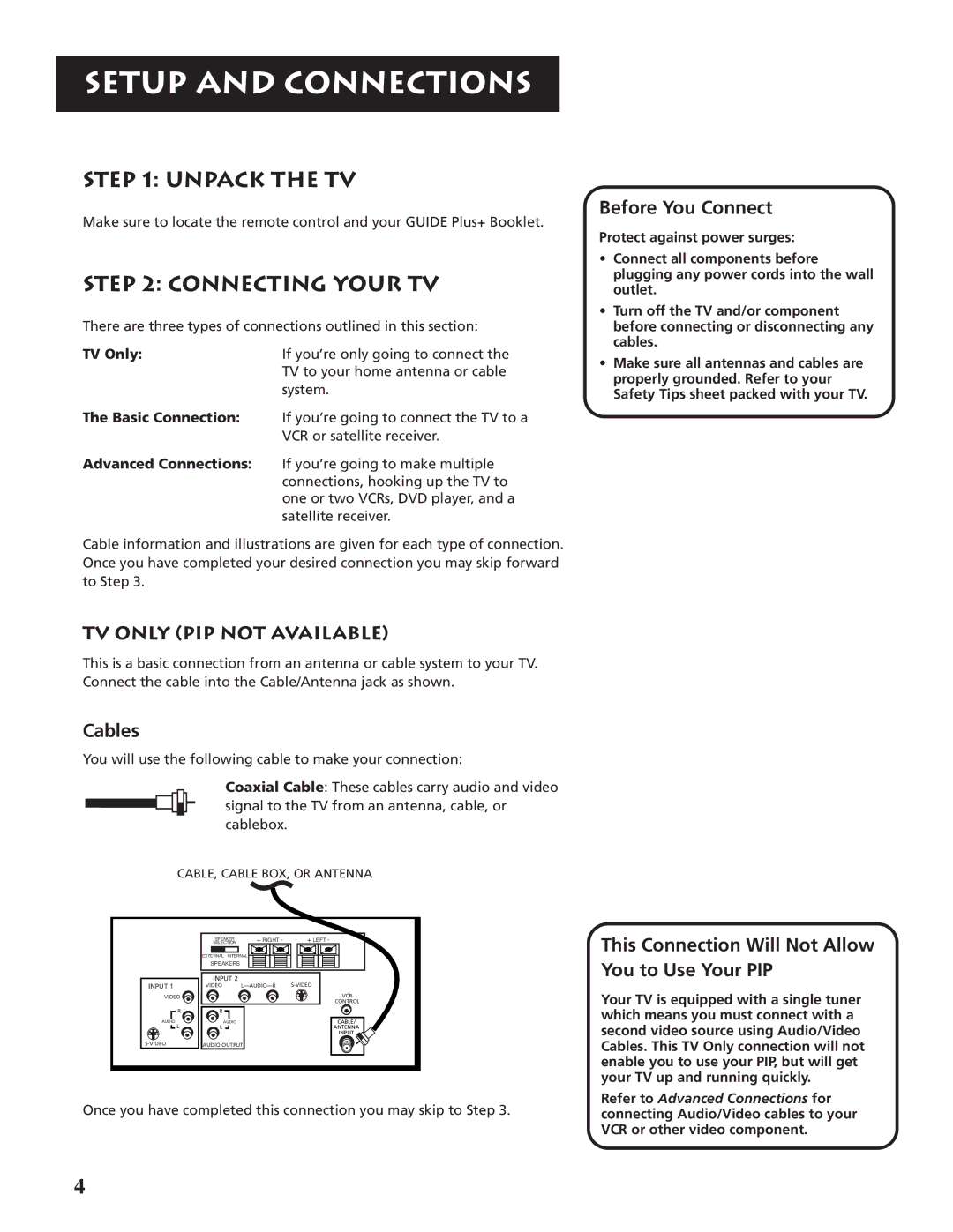 RCA P46920BL manual Unpack the TV, Connecting your TV 