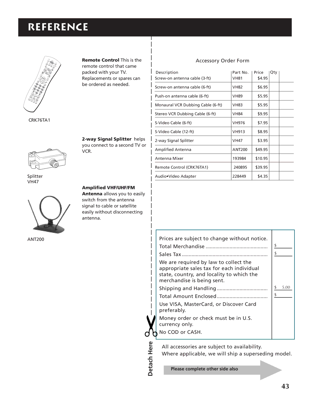 RCA P46920BL manual Detach, Amplified VHF/UHF/FM, Please complete other side also 