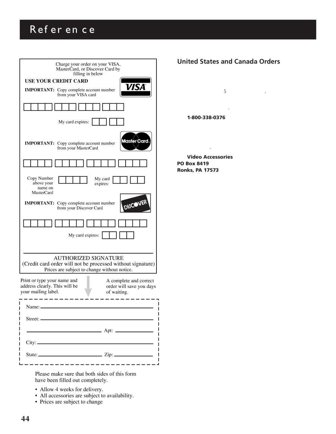 RCA P46920BL manual United States and Canada Orders, Video Accessories PO Box Ronks, PA 