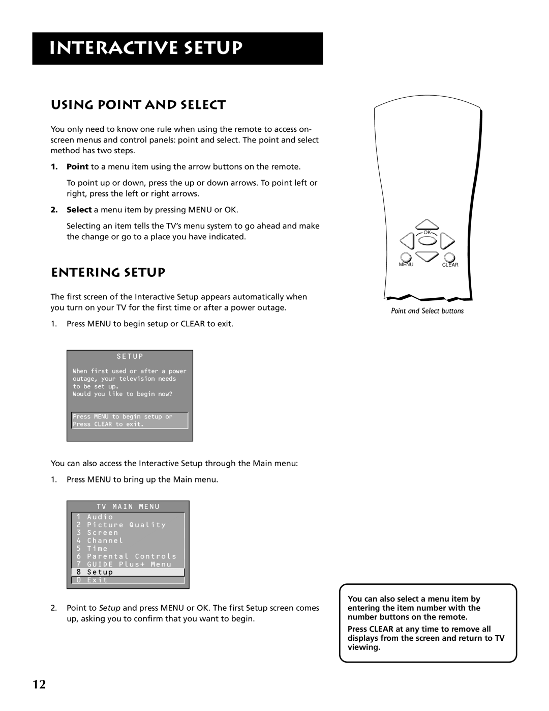 RCA P46921 manual Using Point and Select, Entering Setup, TV Main Menu 