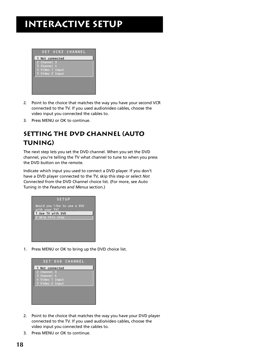 RCA P46921 manual Setting the DVD Channel Auto Tuning, SET VCR2 Channel, SET DVD Channel 