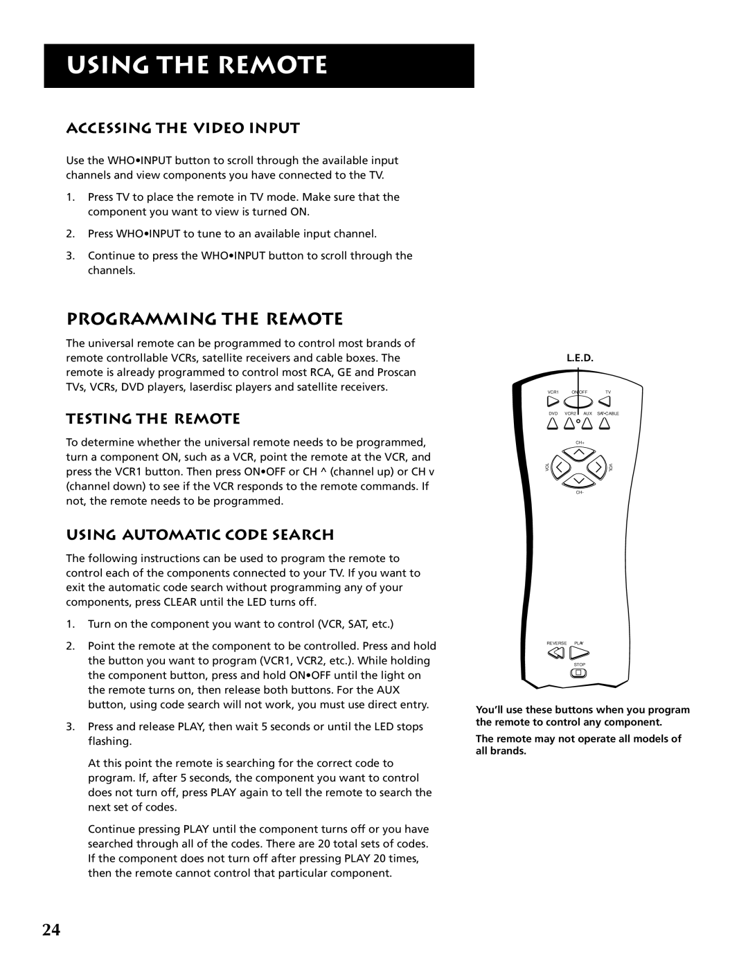 RCA P46921 manual Programming the Remote, Accessing the Video Input, Testing the Remote, Using Automatic Code Search 