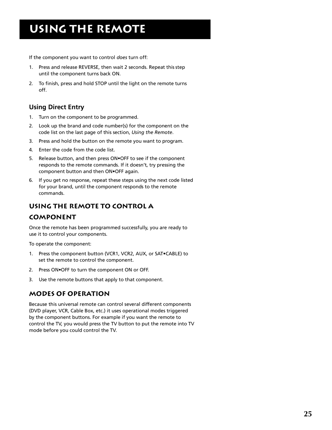 RCA P46921 manual Using Direct Entry, Using the Remote to Control a Component, Modes of Operation 