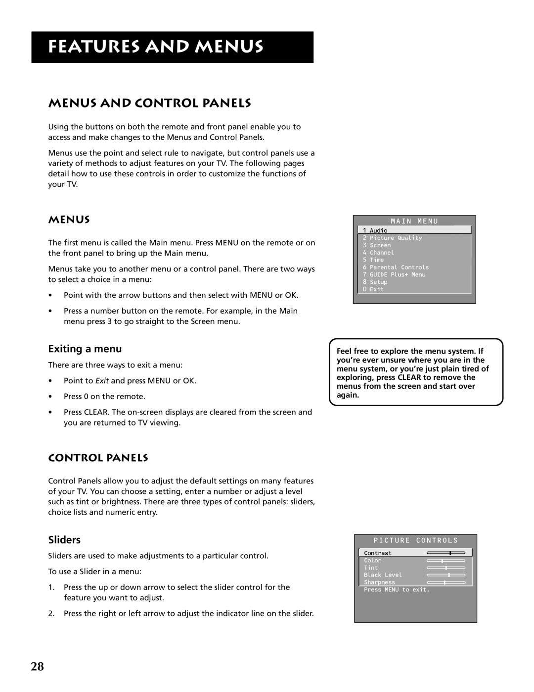 RCA P46921 manual Menus and Control Panels, Exiting a menu, Sliders 