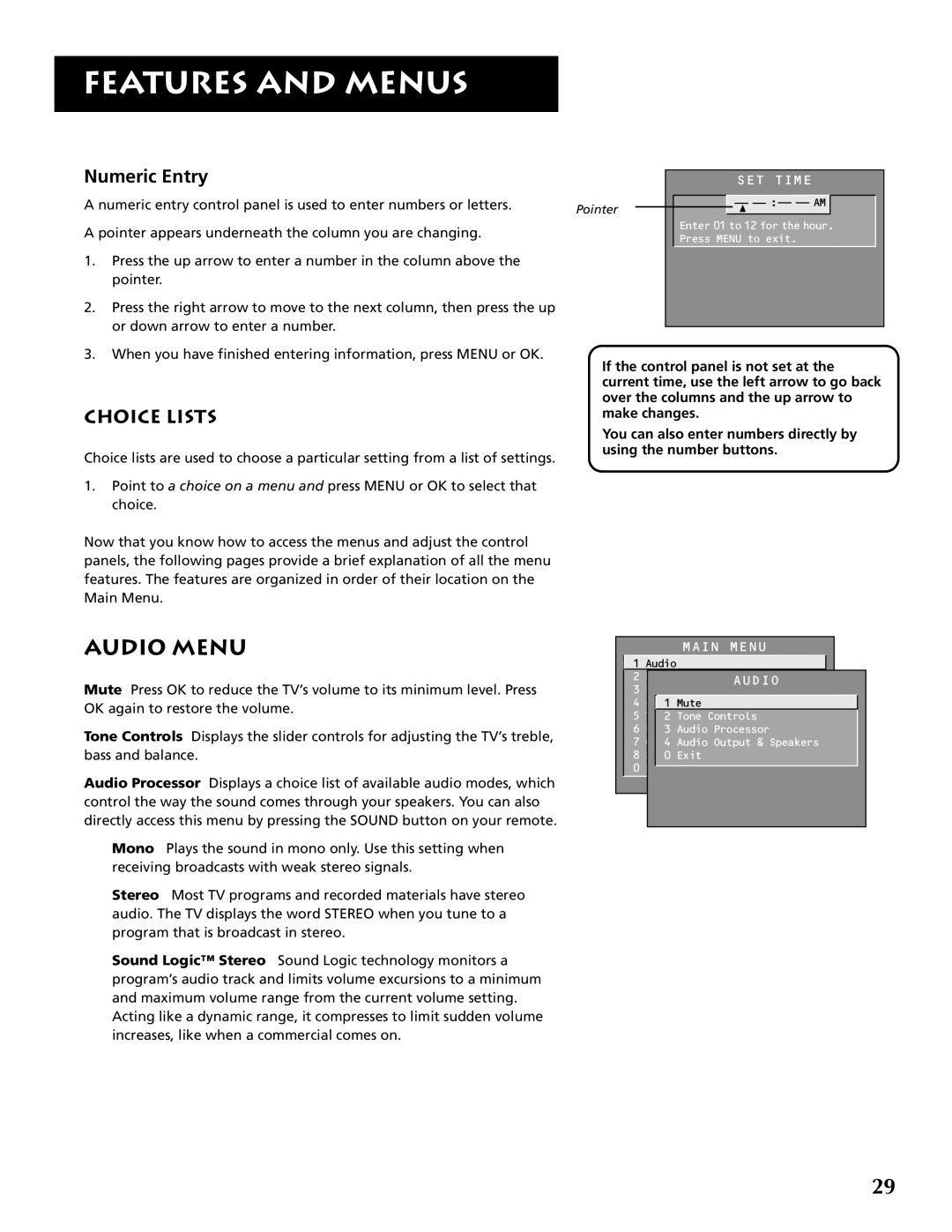 RCA P46921 manual Audio Menu, Numeric Entry, Choice Lists 