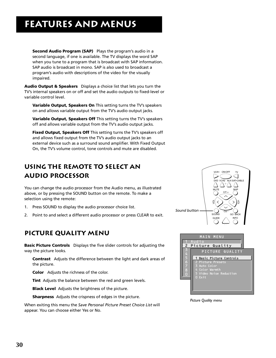 RCA P46921 manual Using the Remote to Select AN Audio Processor, Picture Quality Menu 