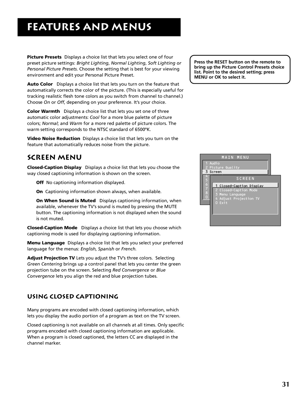 RCA P46921 manual Screen Menu, Using Closed Captioning 