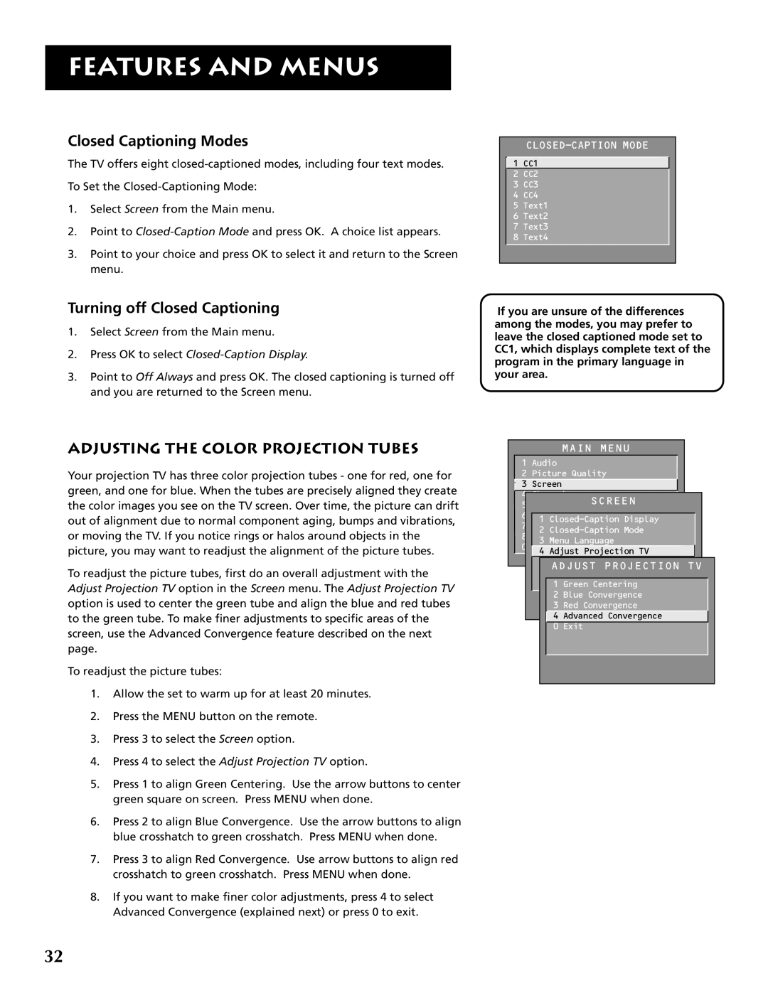 RCA P46921 manual Closed Captioning Modes, Turning off Closed Captioning, Adjusting the Color Projection Tubes 